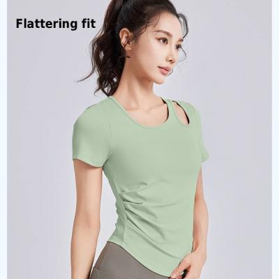 Women’s Yoga Short Sleeve Top - Built-in Bra Pad High Stretch Breathable Quick-Dry Cutout Shoulder Ruched Tummy-Control Slim Fit Sports Top for Yoga Gym Workout