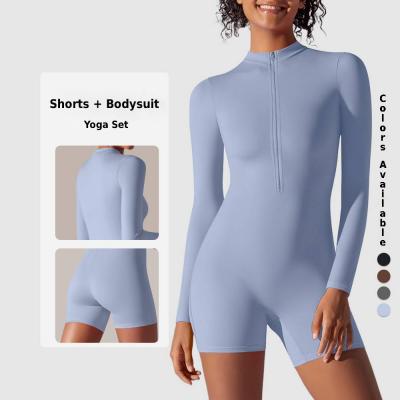 High Stretch Shaping Yoga Bodysuit - Long Sleeve Short Shorts, Peach Buttock Contour, Breathable Workout Onesie