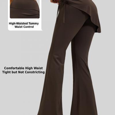 High-Waisted Flared Yoga Pants with Ruched Skirt Hem - Tummy Control Workout Leggings (Multiple Colors)