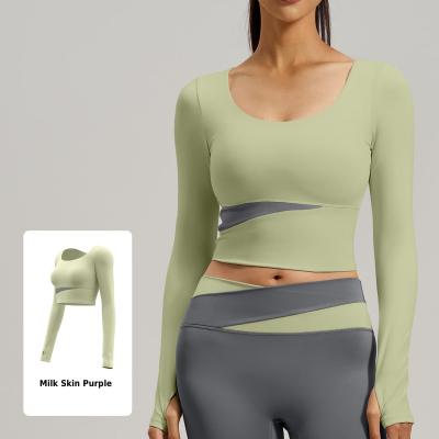 Long-Sleeve Yoga Top with Built-in Fixed Chest Pad - Cross Cut High-Stretch Workout Top (Multiple Colors)